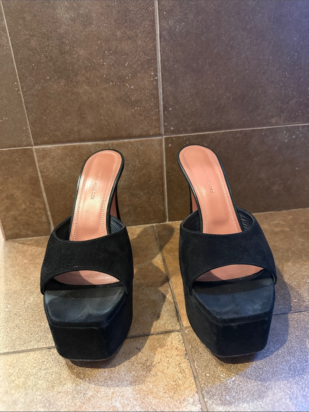 Amina Muaddi Black Suede Platform Slide Sandals with Blush Insole